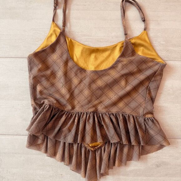 Urban Outfitters Brown Plaid Mesh Camisole Top Ruffled Peplum Hem Sorset-style M - Picture 5 of 7